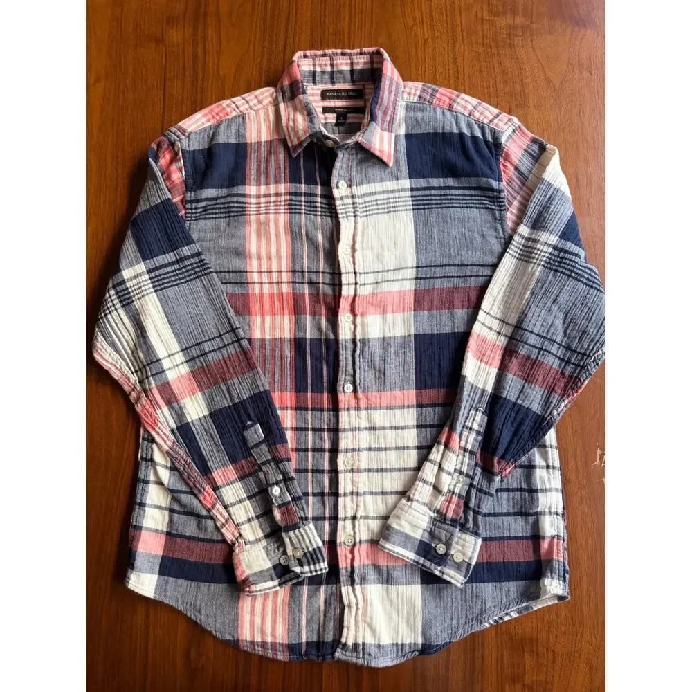 Banana Republic Men's Untucked Slim Fit Blue Plaid Button-Down Shirt - Size L